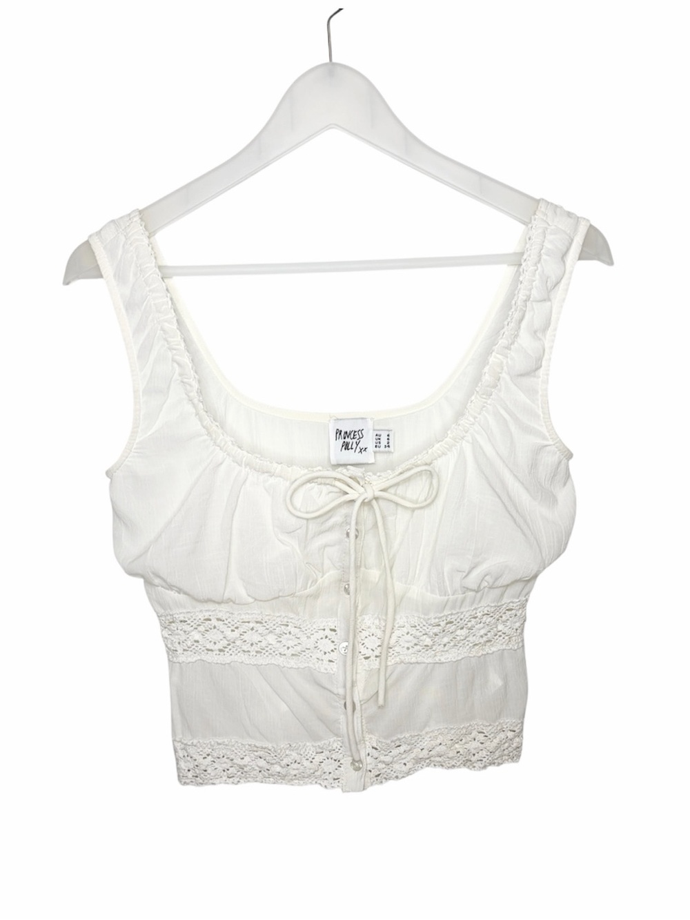 Princess Polly Ivory Lace Trim Tie Front Crop Top XS US 2 Coquette
